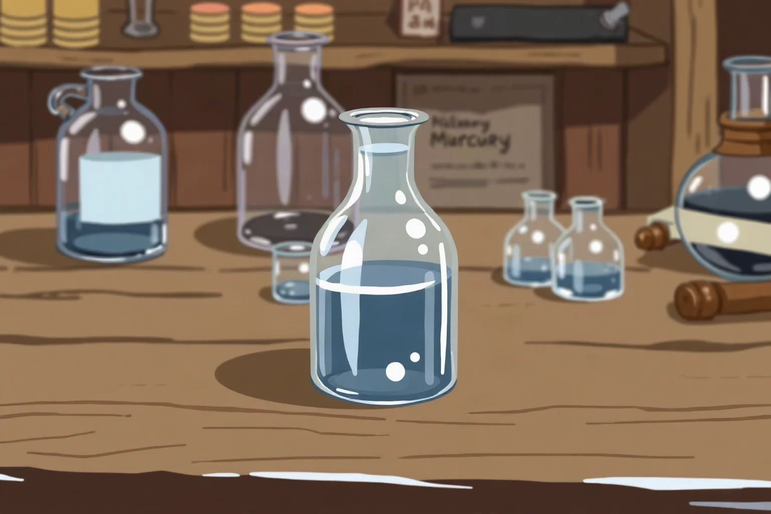 A small glass vial of silvery liquid mercury sitting on an old wooden laboratory table, illustration style