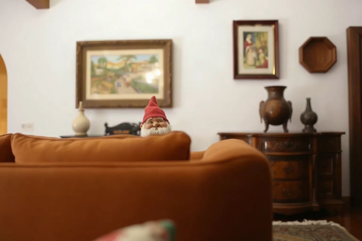 A small gnome-like spirit peeking mischievously from behind furniture in a cozy Spanish colonial home