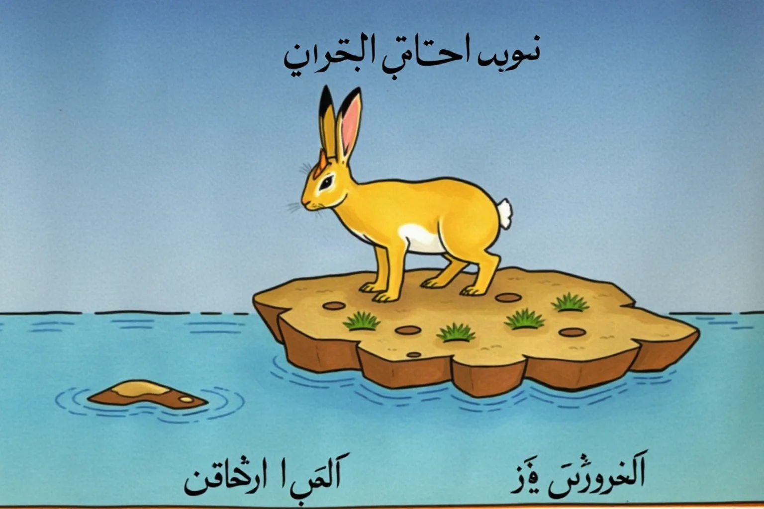 A small golden one-horned rabbit standing alert on a rocky island, illustrated in Persian manuscript art style