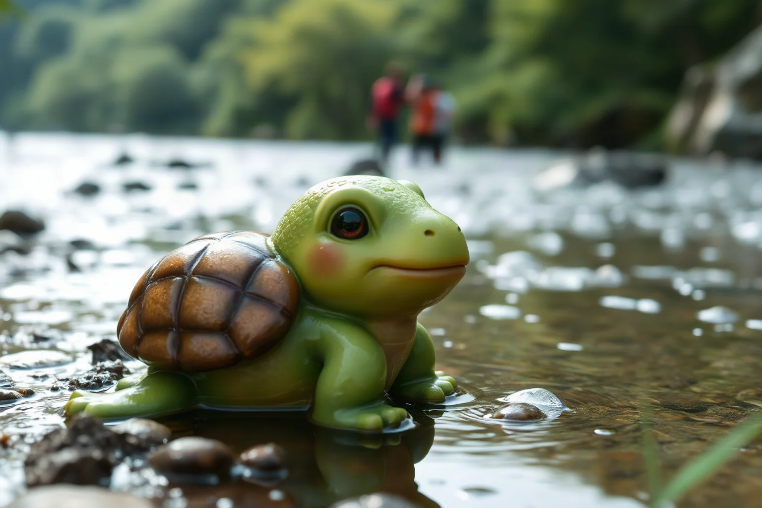 A small green turtle-like water spirit with a shell, sitting at a Japanese riverbank