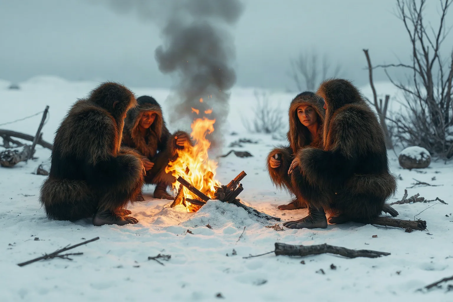 A small group of early humans in fur clothing gathered around a fire in a snowy landscape