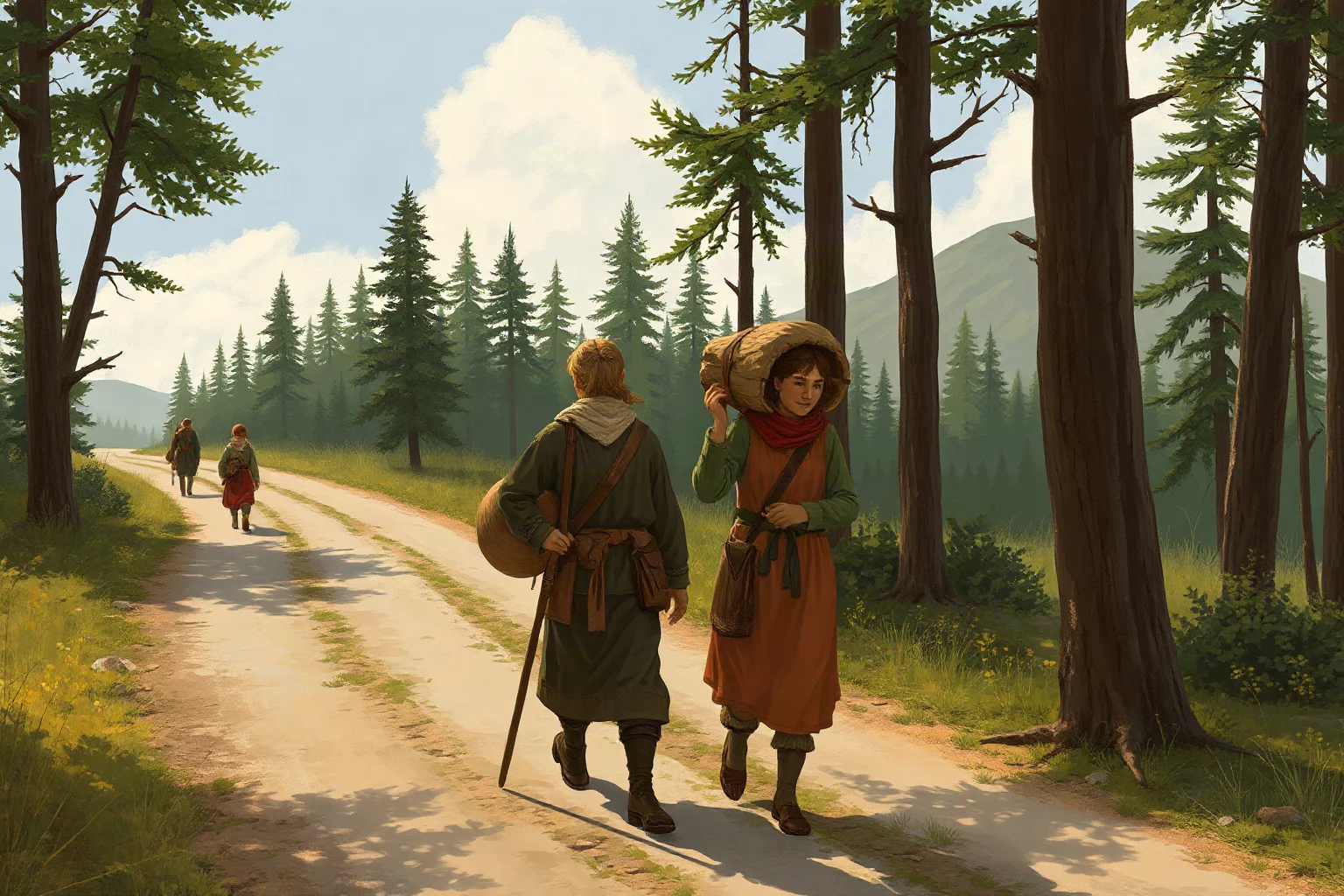 A small group of medieval immigrant families walking along a forest road with bundled belongings, historical illustration