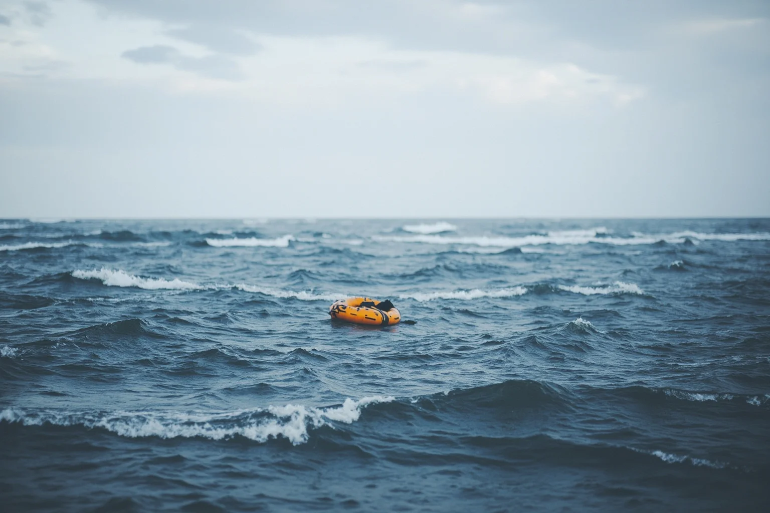 A small inflatable life raft adrift on rough open ocean waves under a cloudy sky