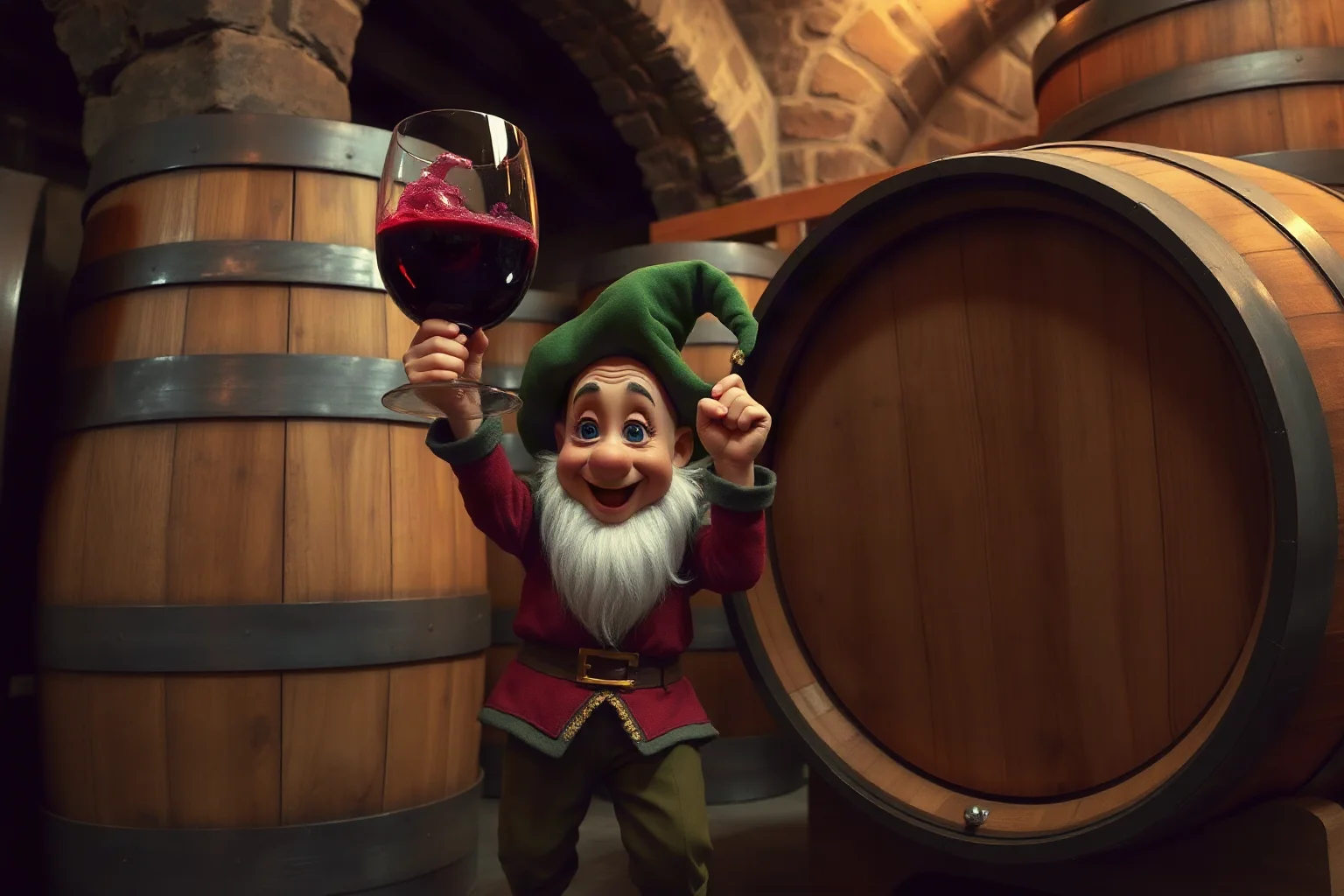 A small jovial dwarf jester raising a giant wine cup beside an enormous wine cask in a castle cellar
