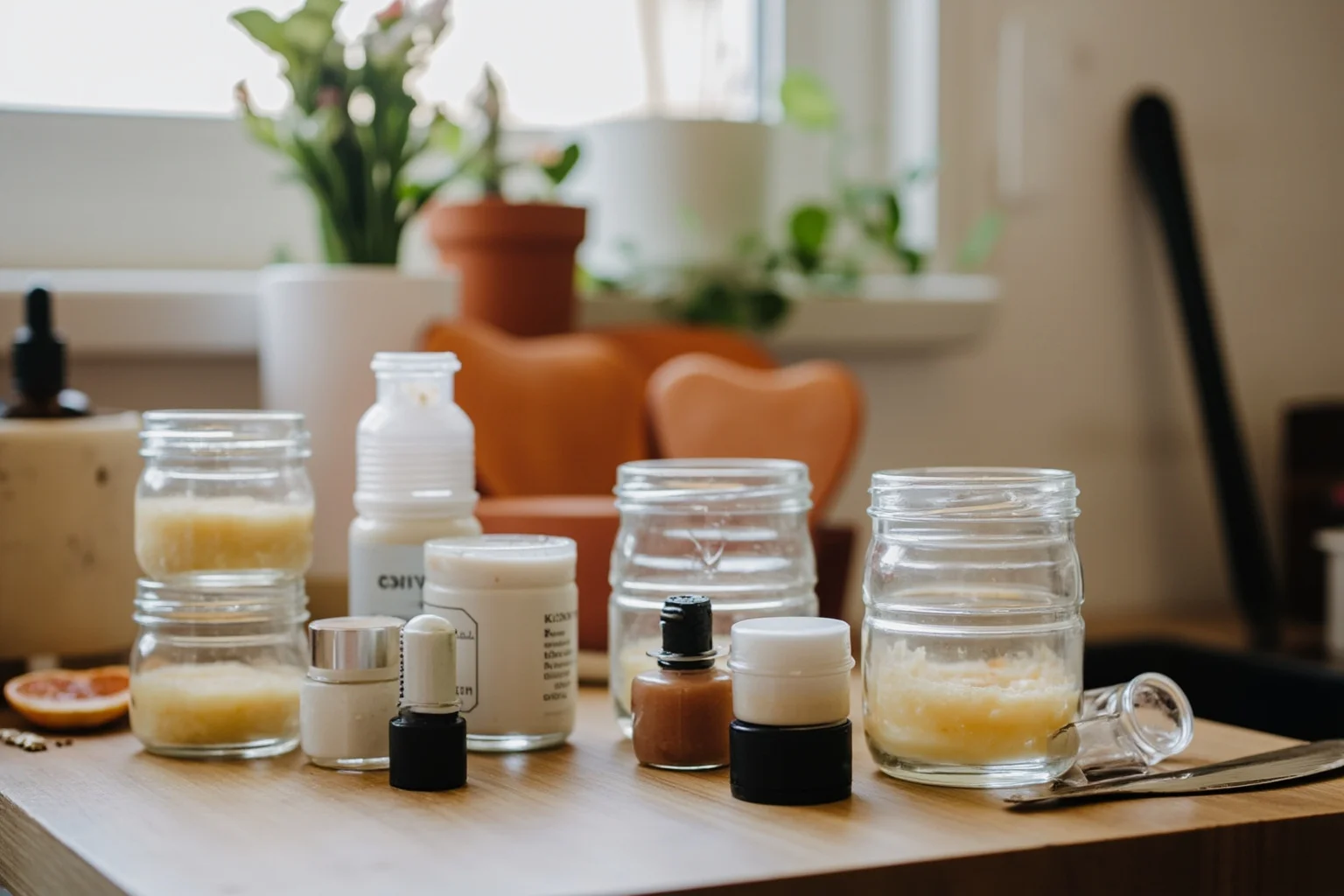 A small kitchen counter crowded with glass jars and homemade cosmetic mixtures, evoking a humble beauty business startup