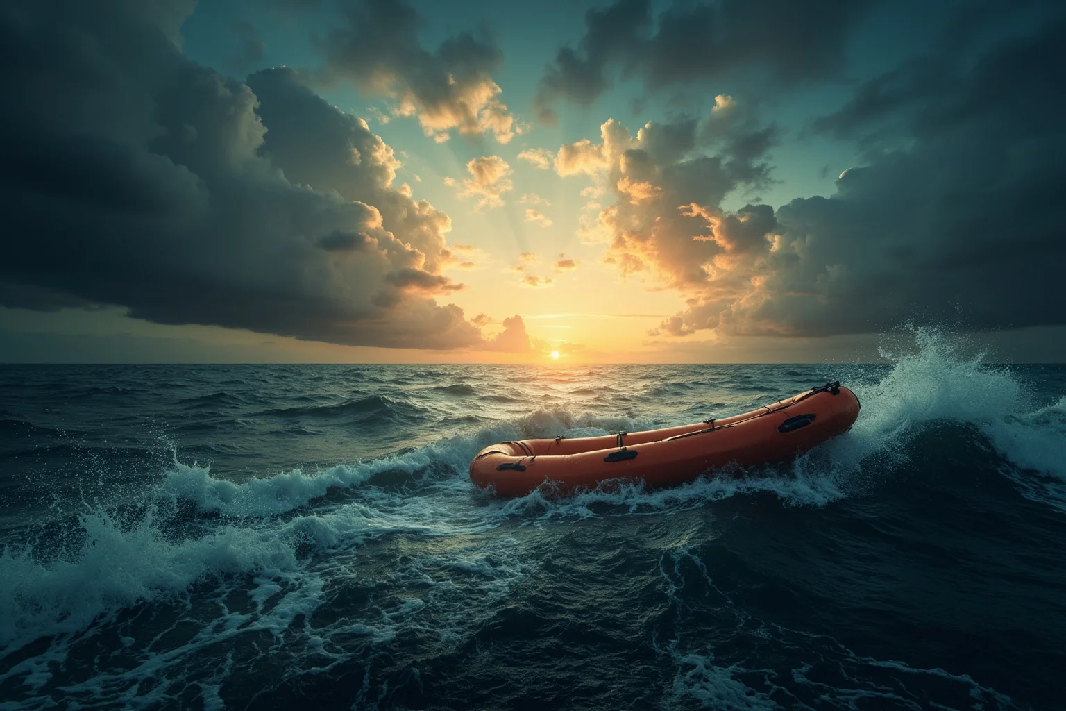 A small life raft bobbing on rough Atlantic waves at sunset with storm clouds gathering