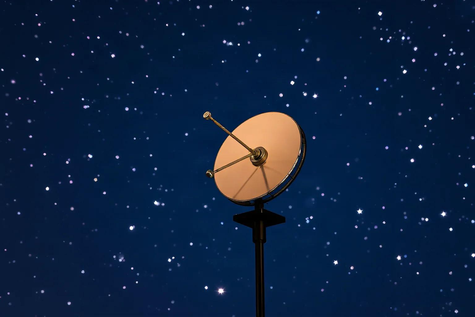 A small metal spherical satellite with antennas against a starry night sky