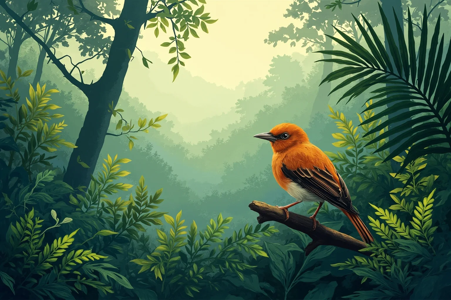 Recently Extinct Animals: A Complete List From the Last 10–20 Years 22 A small orange Hawaiian forest bird perched among ferns in a misty highland forest, illustrative wildlife art style