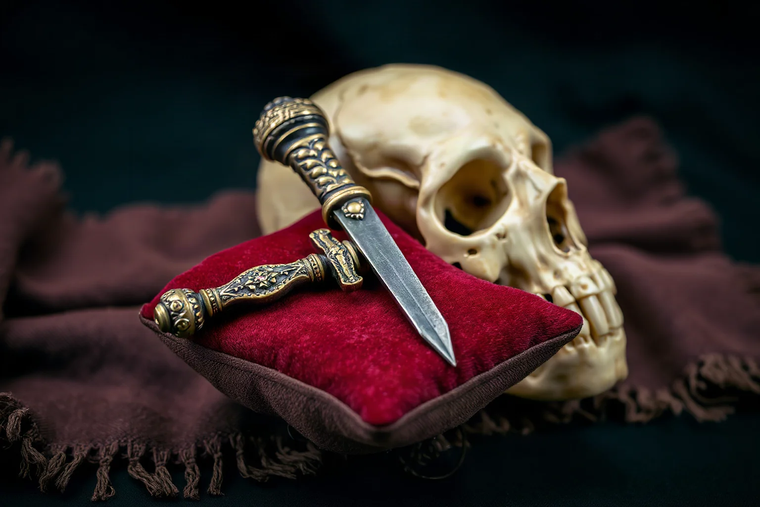 A small ornate antique dagger, or bodkin, resting on a velvet cushion beside a skull, evoking Hamlet's soliloquy