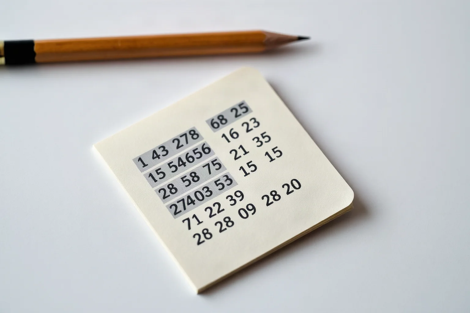 A small paper one-time pad notebook filled with random numbers next to a decoding pencil, spy-thriller aesthetic