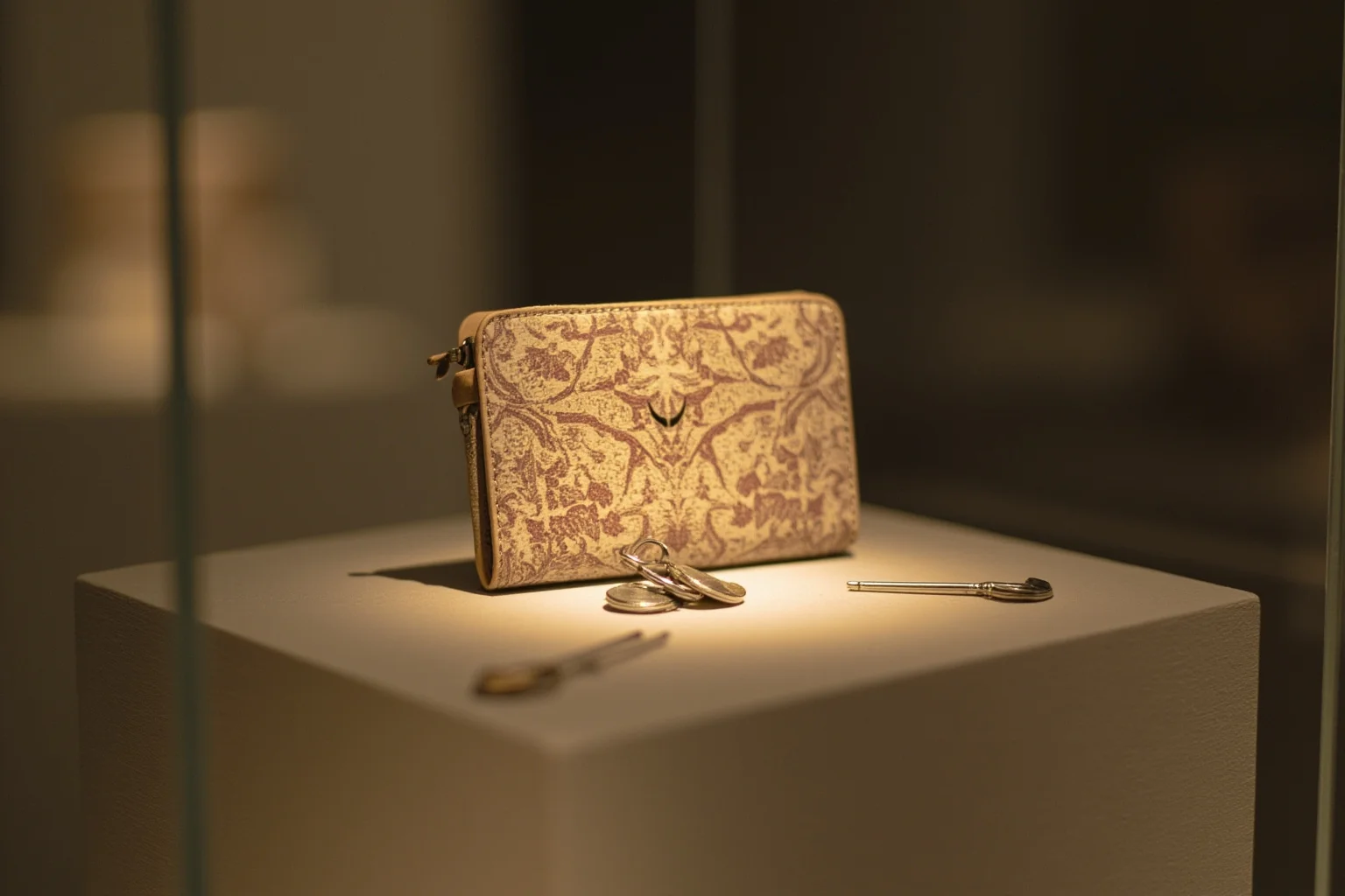 A small personal wallet and set of keys displayed in a museum glass case with soft lighting