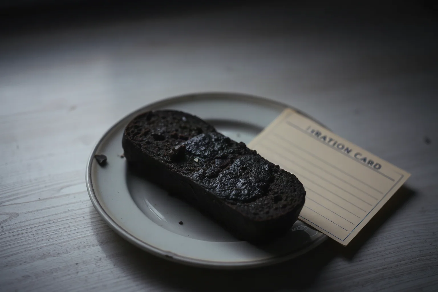 A small piece of dark bread on a chipped plate beside an empty ration card, dim indoor lighting, somber still life