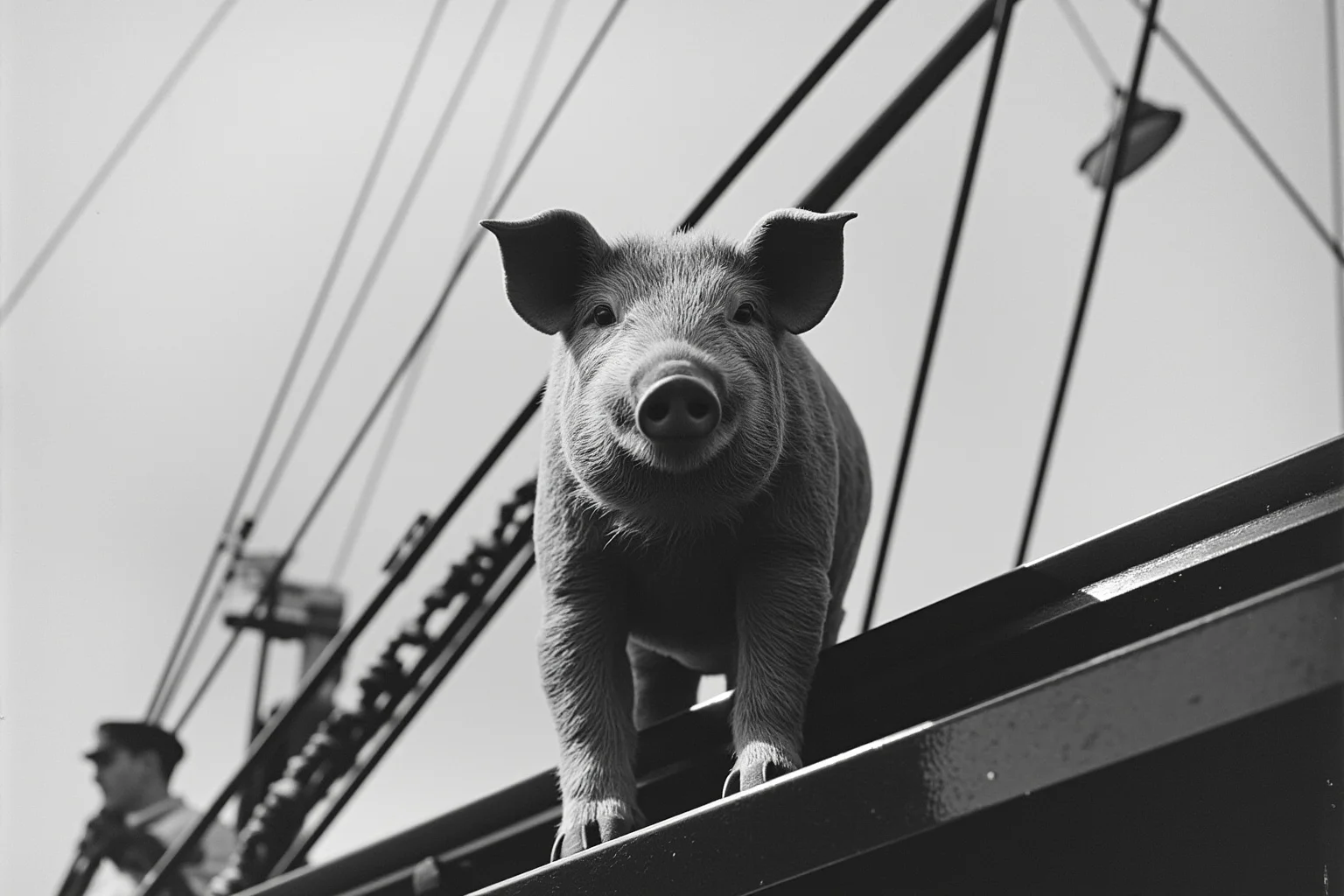 A small pig mascot standing proudly on the deck of an early 1900s naval warship