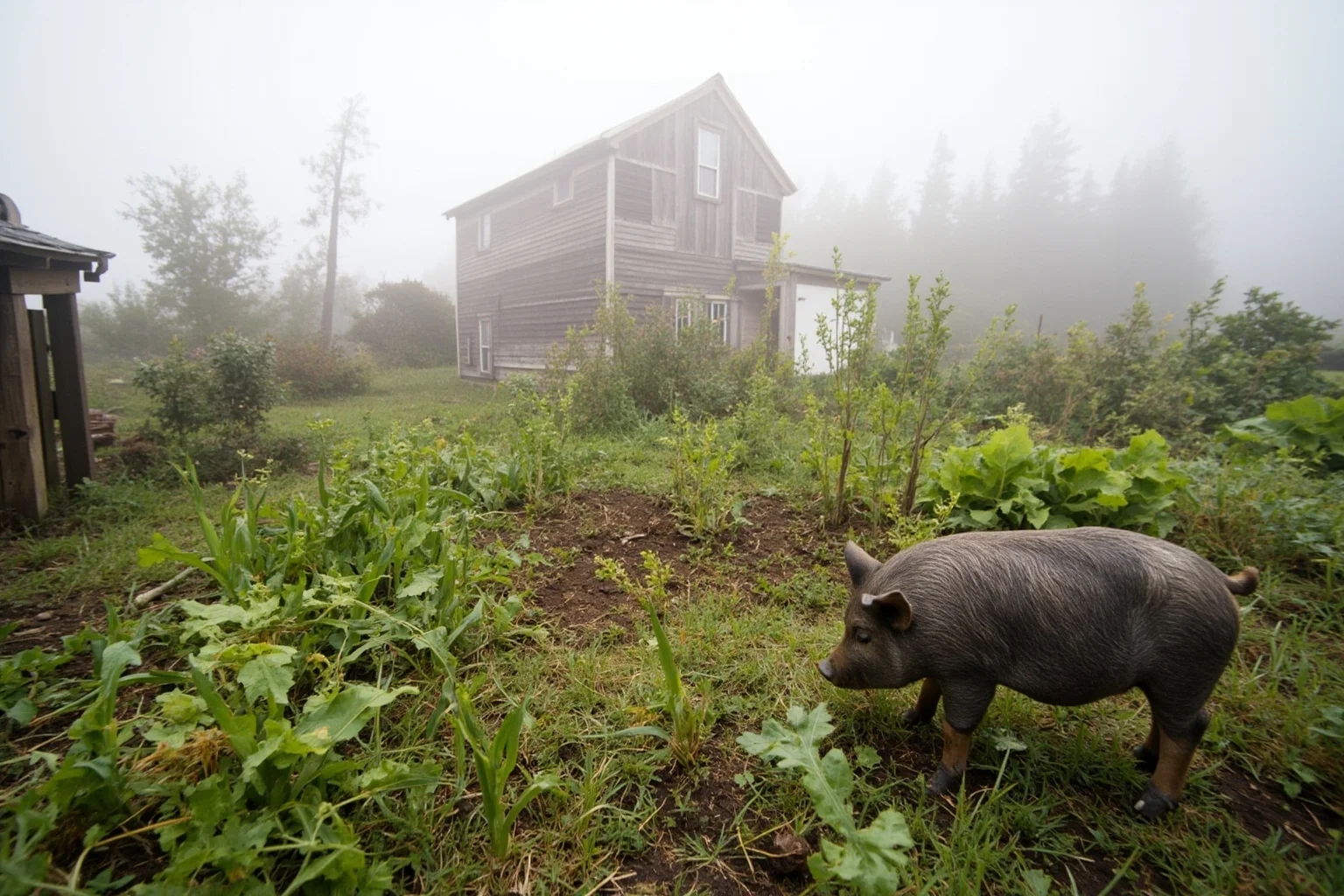 22 Lesser-Known Historical Events That No One Talks About 7 A small pig rooting in a vegetable garden on a misty Pacific Northwest island,19th-century farmstead in background