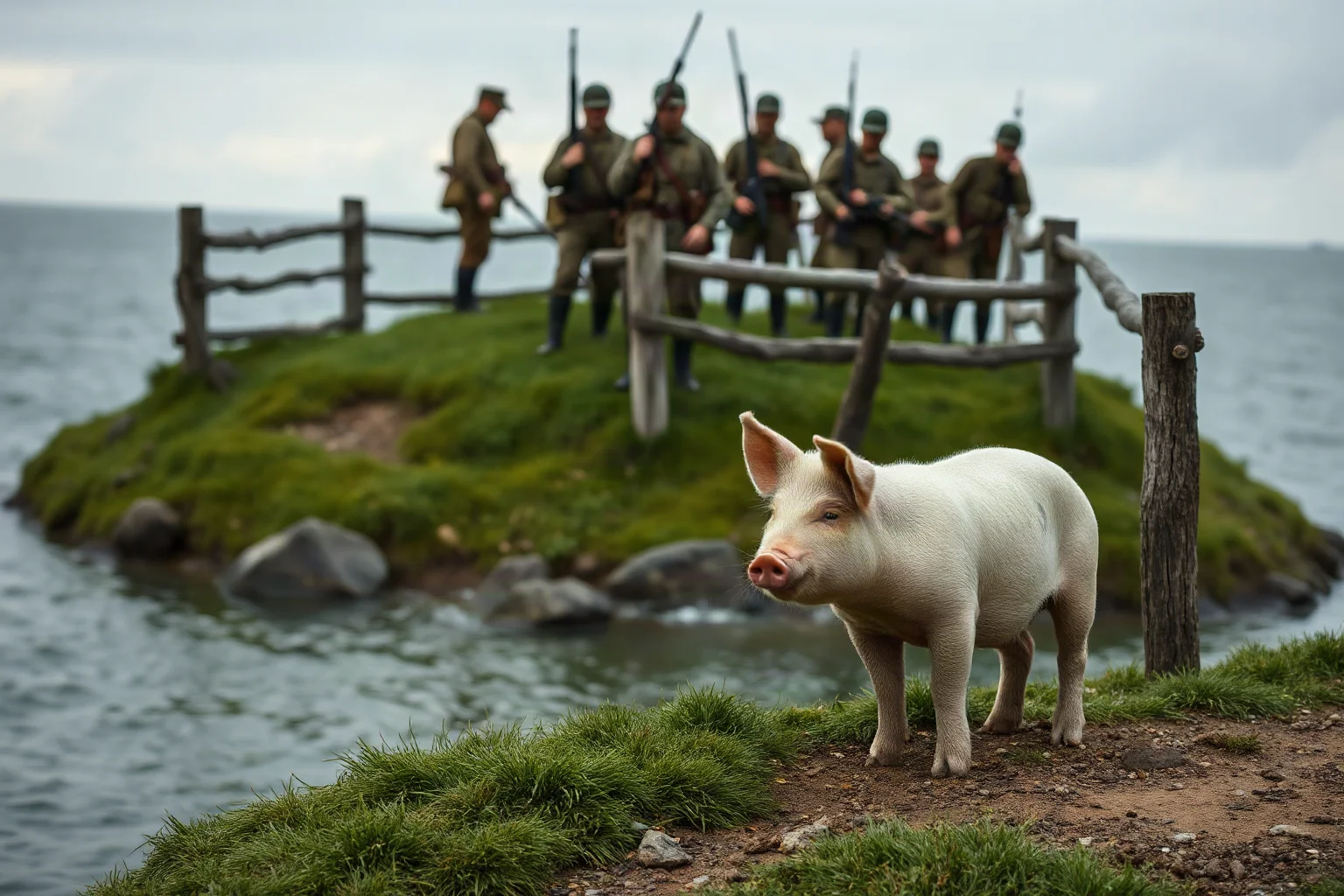 A small pig standing near a wooden fence on a green island with tense soldiers in the background, 1850s style