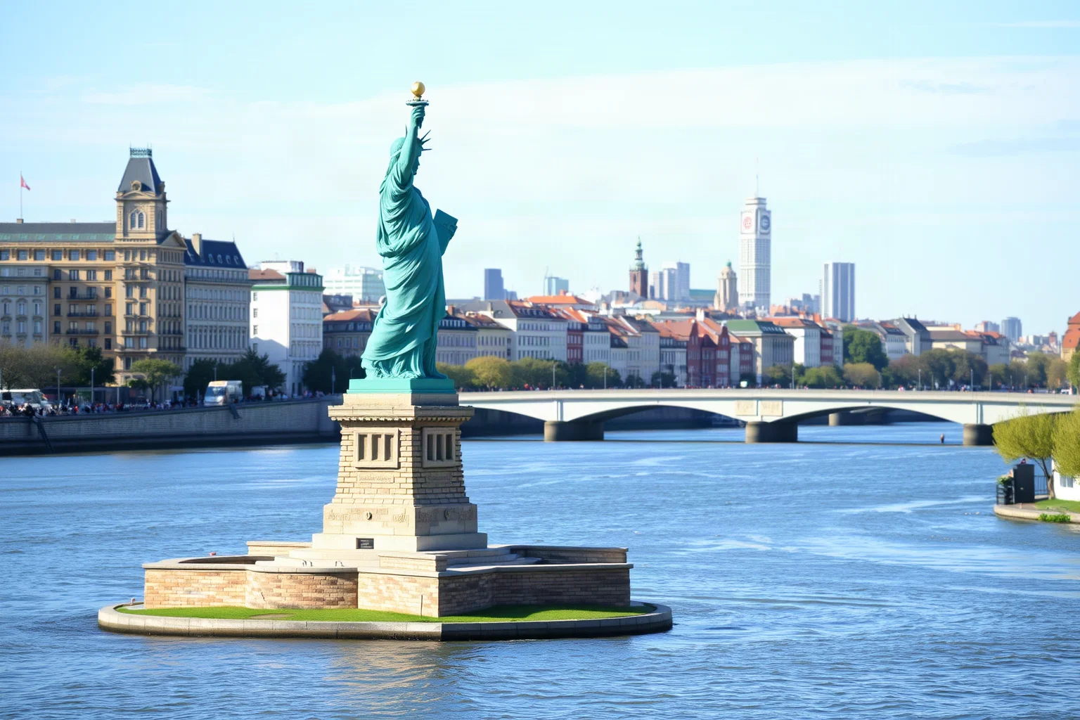 A small replica statue of liberty standing on a river island with a European city skyline behind it