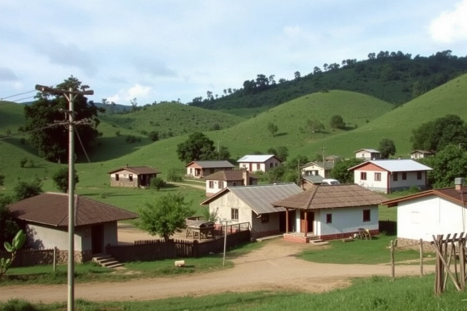 A small rural Colombian town in the 1950s with modest houses and green hills, evoking a humble countryside birthplace