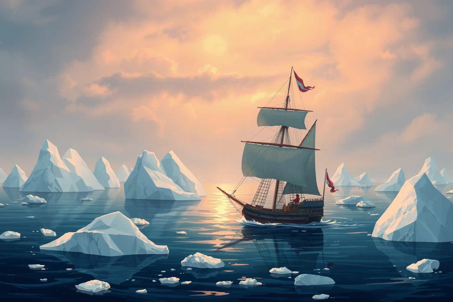 A small sailing ship trapped among icebergs in a northern bay, illustrated historical style