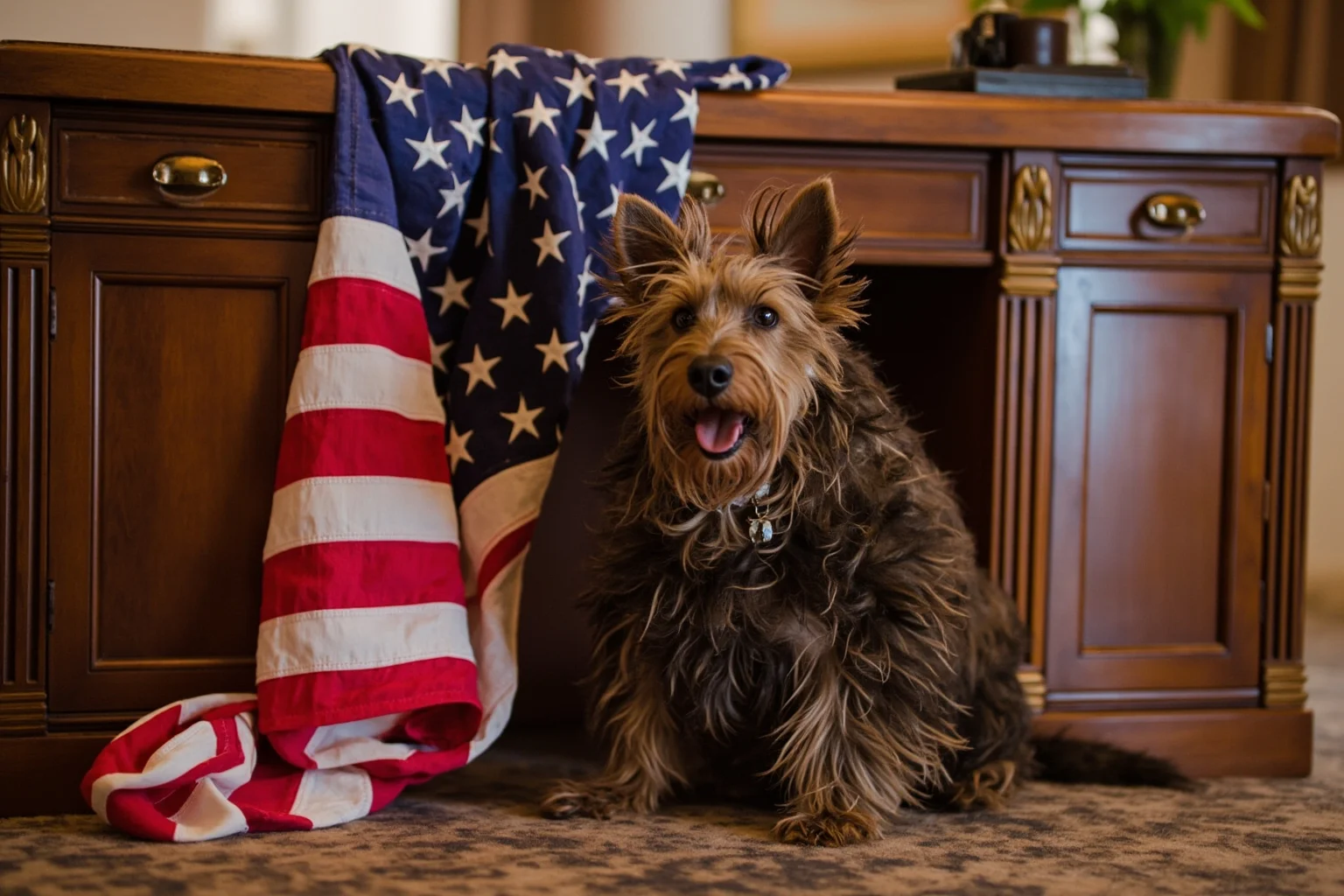 Most Famous Dogs in History: 22 Iconic Canines Who Made Their Mark 15 A small Scottish Terrier dog sitting beside a grand wooden office desk with an American flag