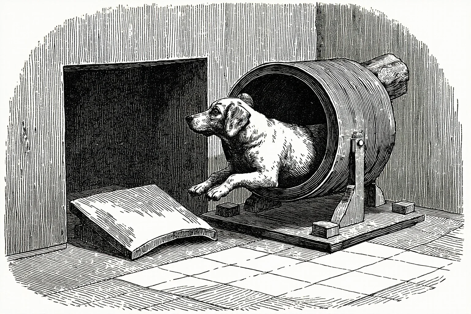 Pooches of the Past: 23 Extinct Dog Breeds and Their Stories 9 A small short-legged dog running inside a wooden wheel mounted beside an open kitchen hearth, old engraving style
