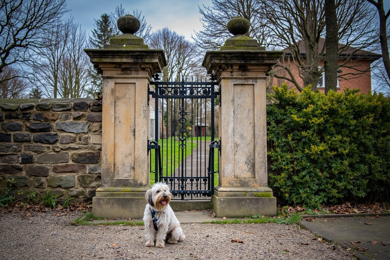 Most Famous Dogs in History: 22 Iconic Canines Who Made Their Mark 6 A small Skye Terrier sitting quietly beside an old stone cemetery gate in a historic city