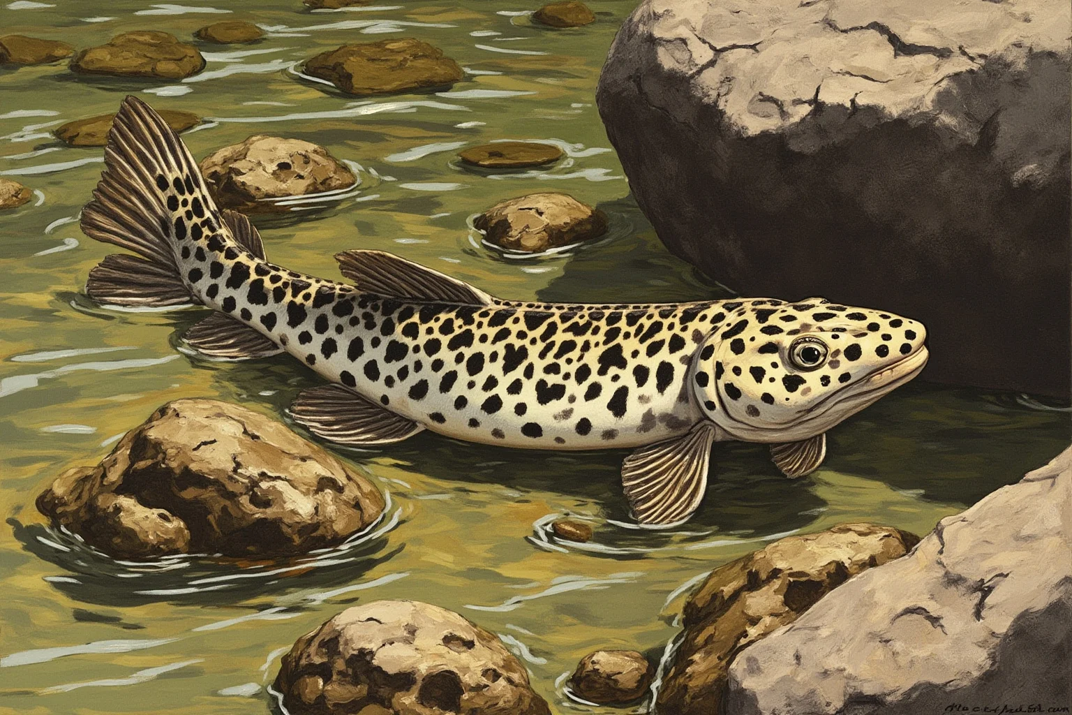 Recently Extinct Animals: A Complete List From the Last 10–20 Years 18 A small speckled catfish resting among rocks in a clear shallow creek, illustrative wildlife art style