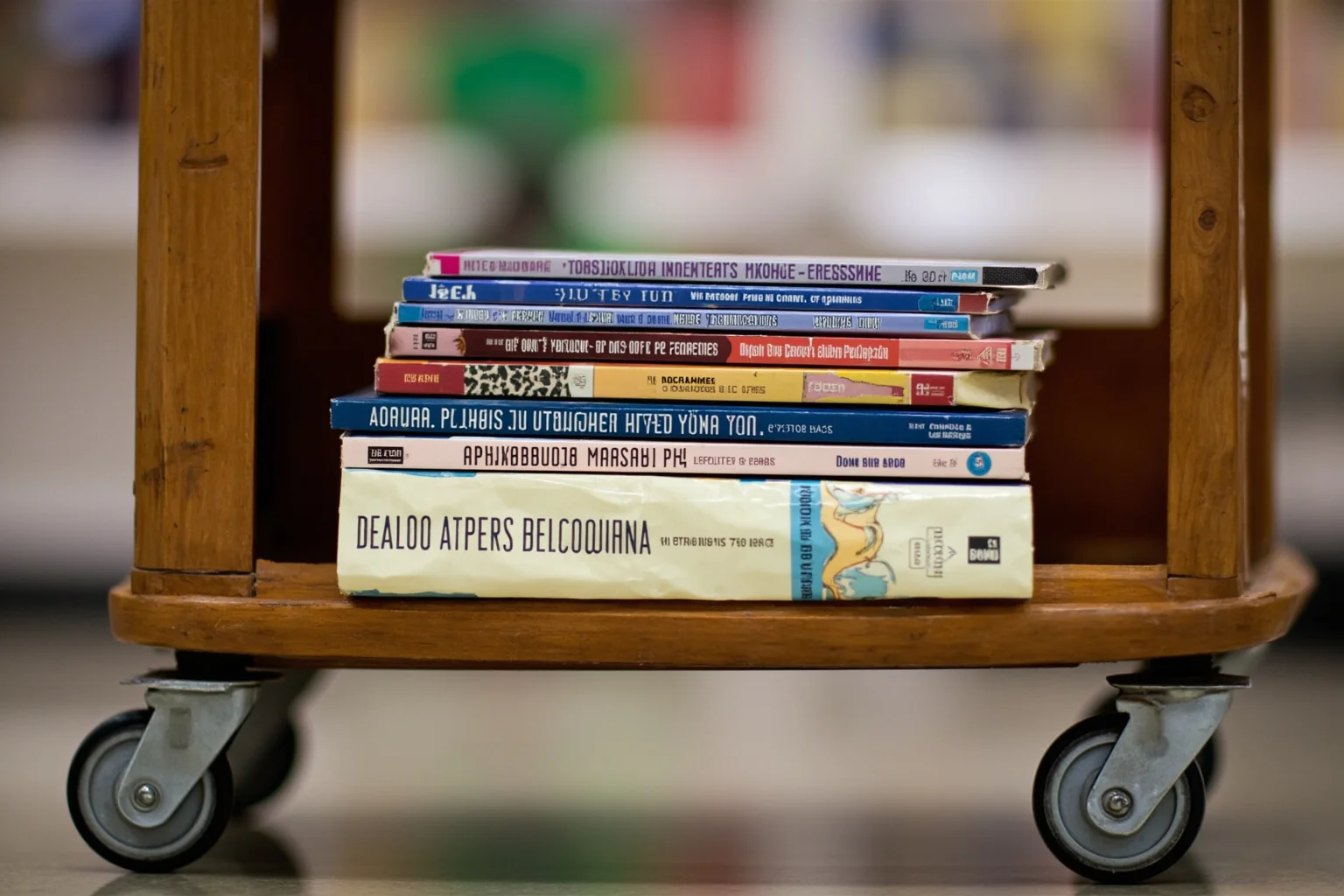 A small stack of YA paperbacks resting on a rolling school library cart