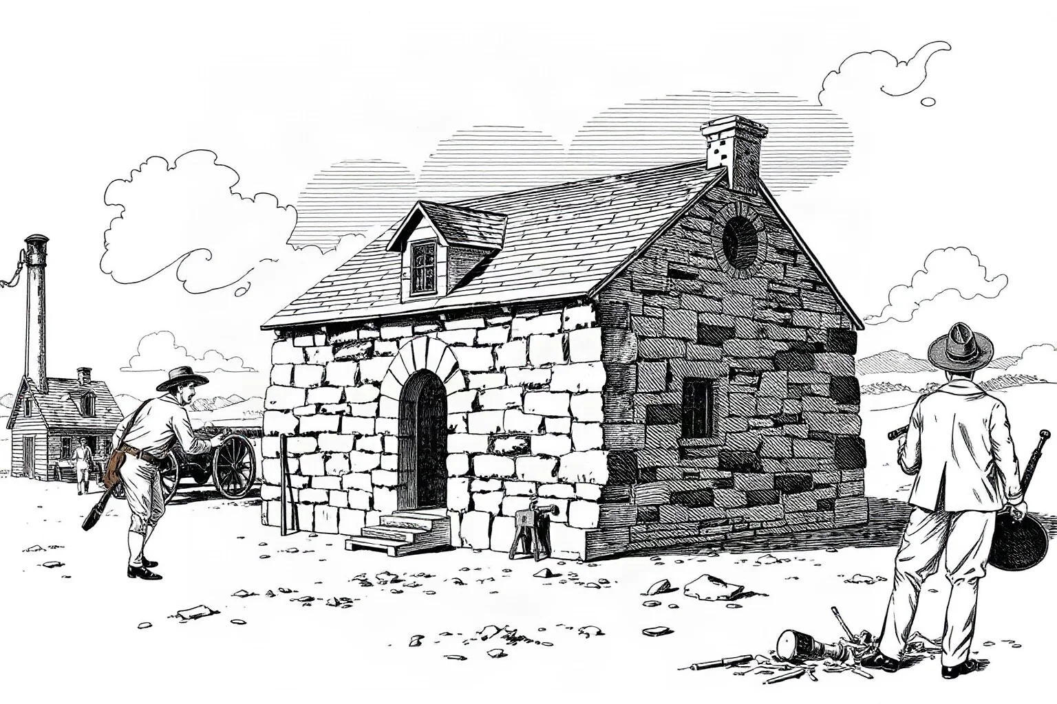 A small stone engine house at a 19th-century federal armory, illustrated in a historical engraving style, evoking the Harpers Ferry raid