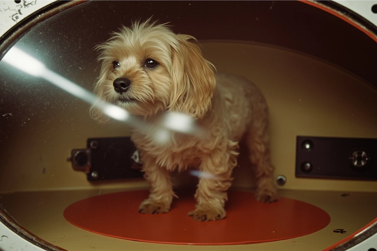 Most Famous Dogs in History: 22 Iconic Canines Who Made Their Mark 19 A small stray dog inside a retro spacecraft capsule with control panels, 1950s space-age style