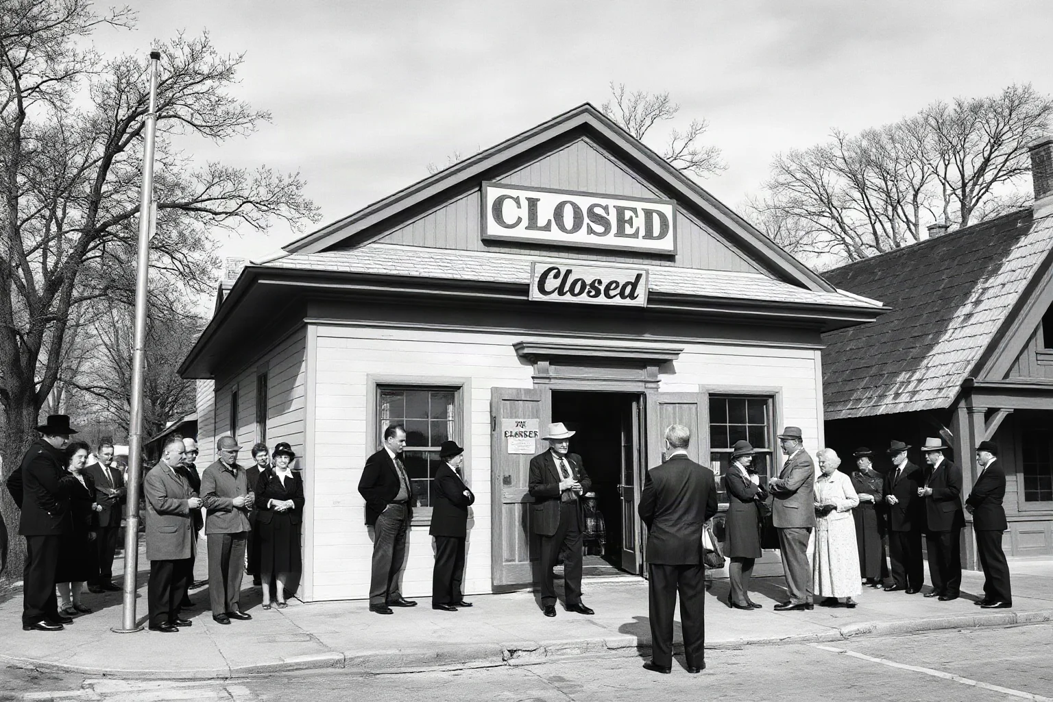 A small-town bank with a 'Closed' sign and a crowd of anxious depositors gathered outside, 1930s style