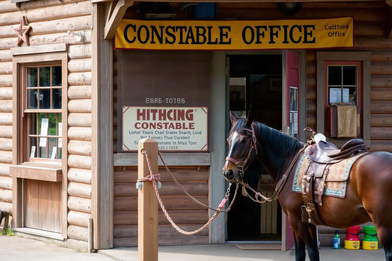 A small-town constable's office with a hitching post and horse outside a wooden storefront