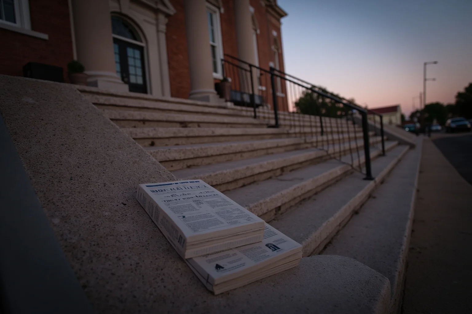 A small-town courthouse steps at dusk with a paperback novel resting on the stone