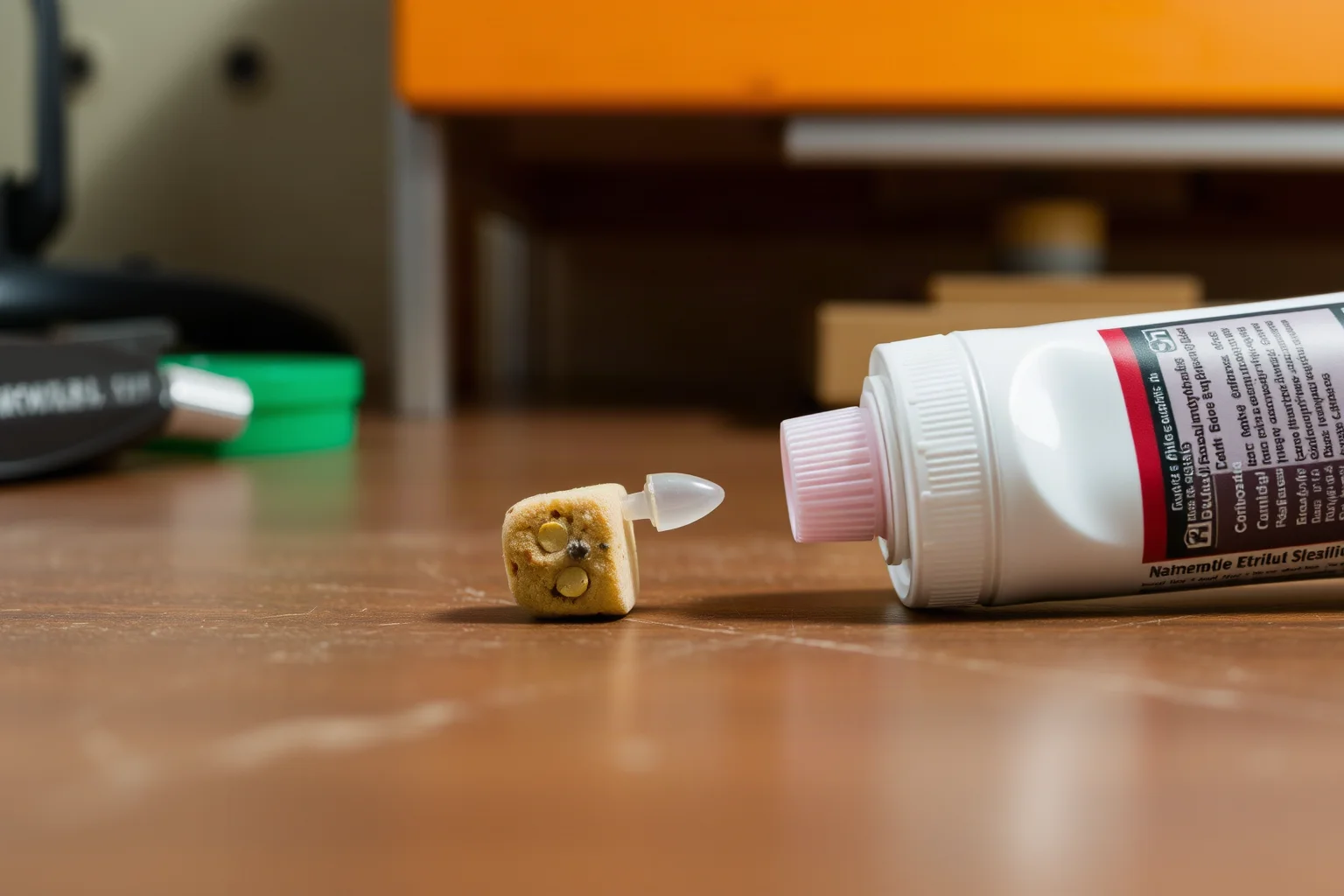 A small tube of clear adhesive glue on a workbench with two bonded objects