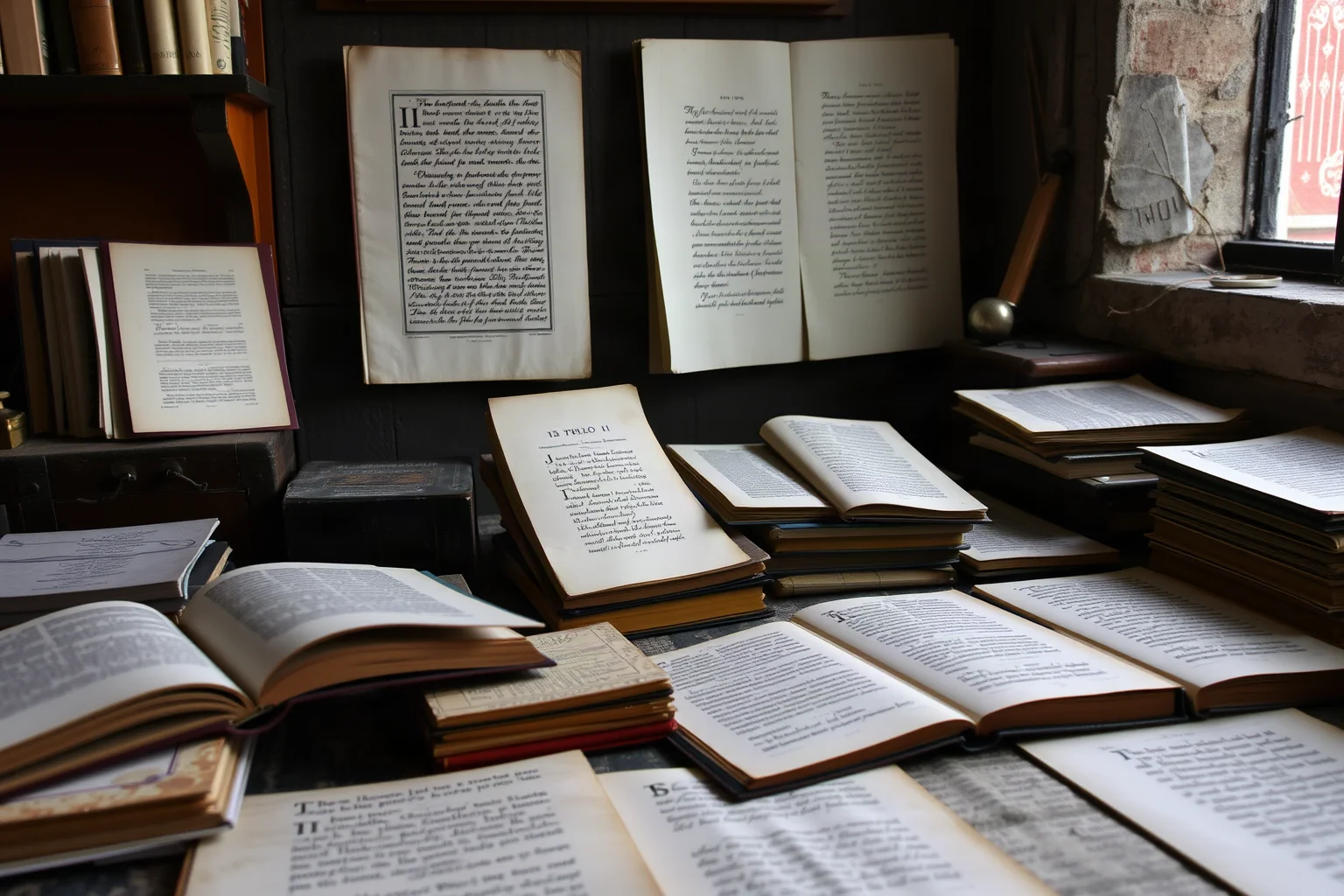 A small Venetian print workshop with compact, portable books and italic-lettered pages laid out on a table