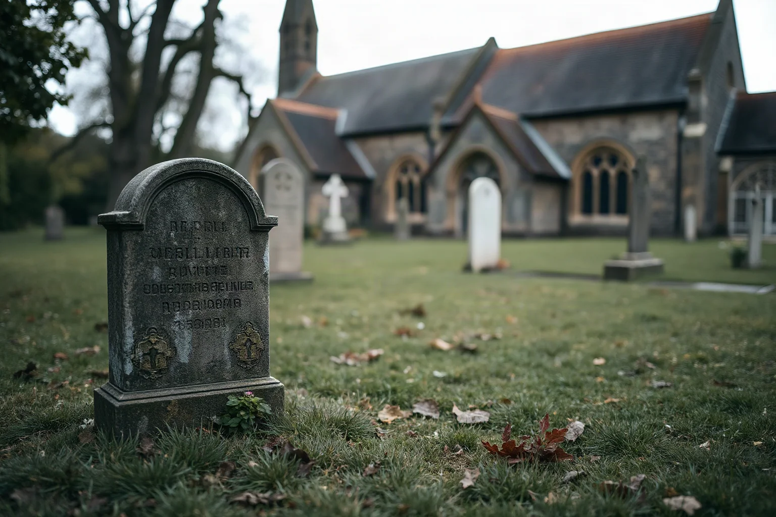 A small, weathered stone grave marker in an old English churchyard under overcast light