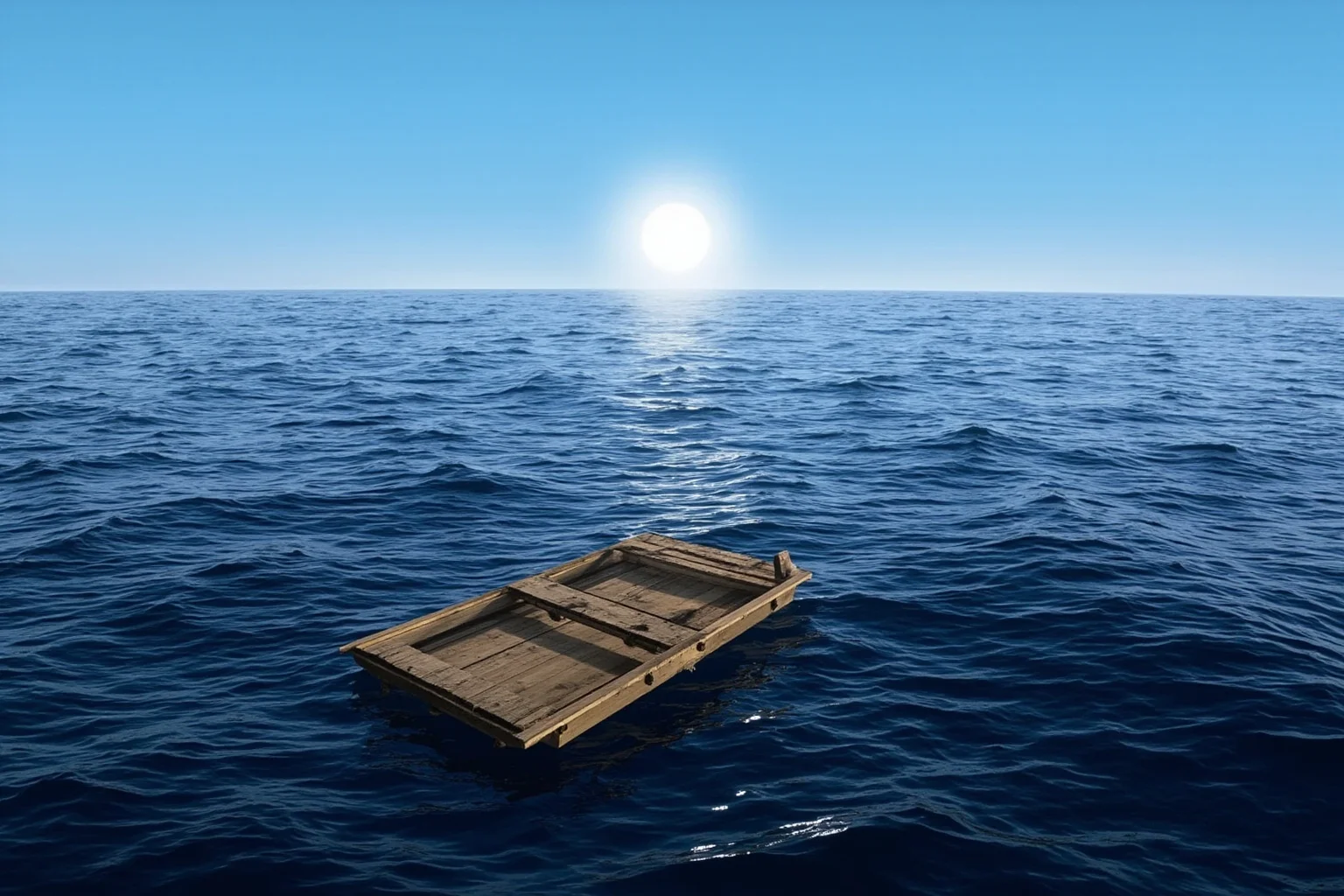 A small weathered wooden raft floating alone on a vast open ocean under a blazing sun