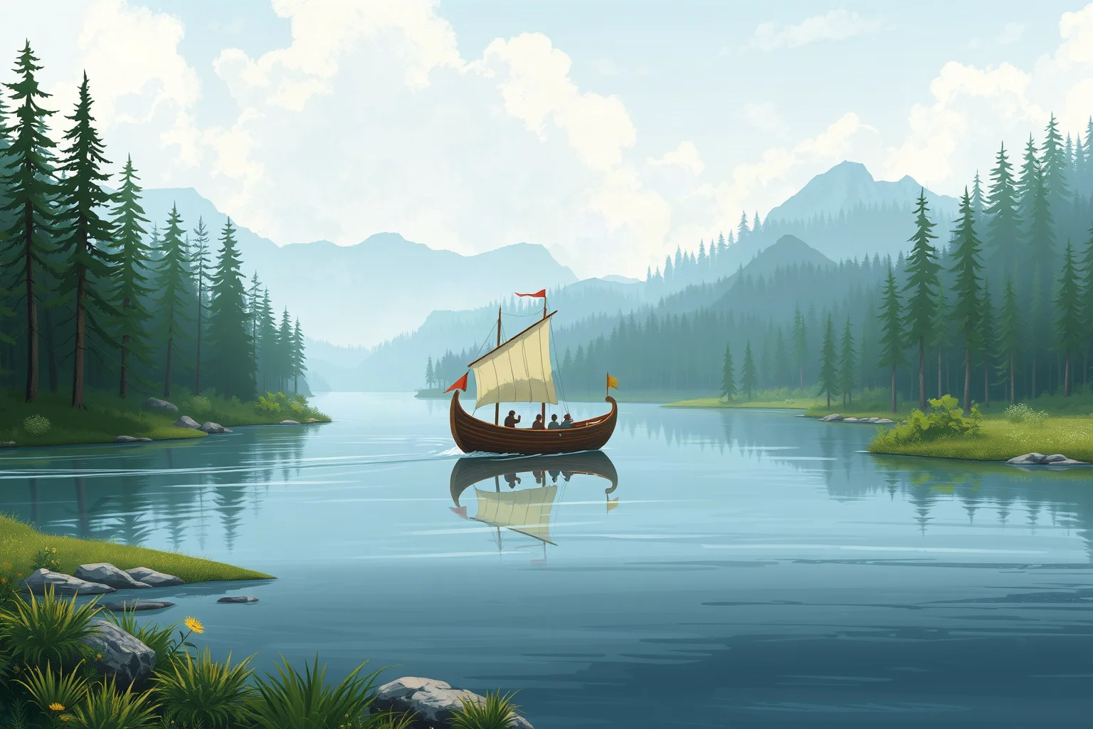 A small wooden expedition boat on a wide river surrounded by forested wilderness, exploratory historical illustration style