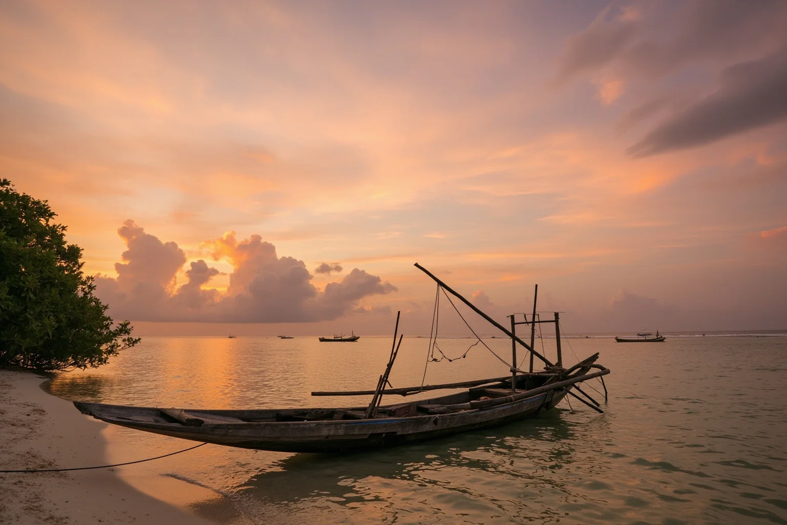 A small wooden fishing boat pulled up on a Caribbean island shore at sunrise, evoking a modest island childhood
