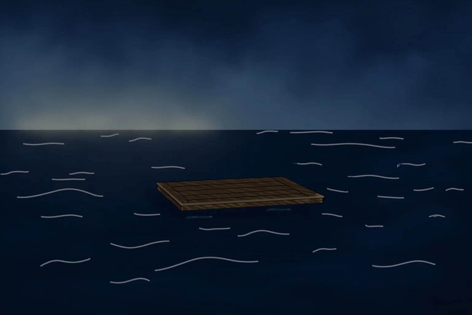A small wooden raft drifting alone on a vast dark ocean at dusk, illustrative style