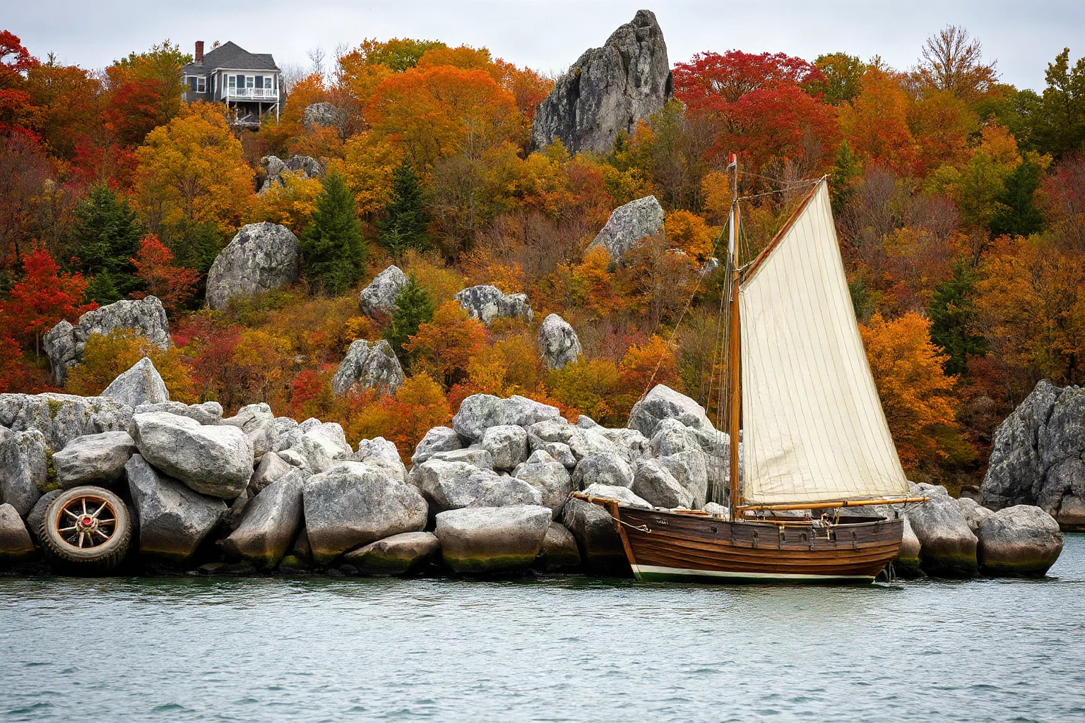 A small wooden sailing ship anchored near a rocky New England shoreline in autumn, representing an early colonial landing, soft muted colors.