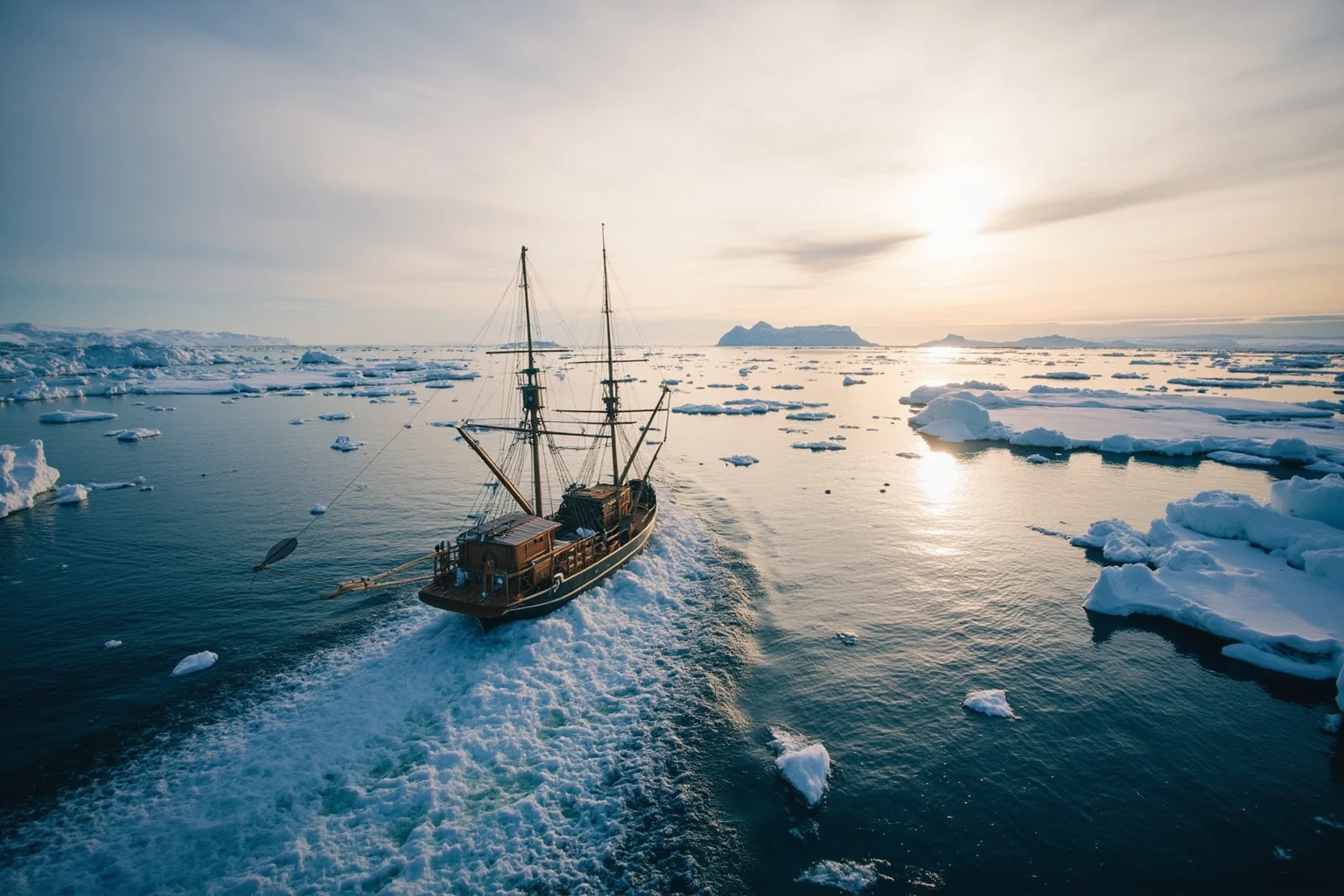 A small wooden ship navigating narrow channels between icy Arctic islands under a cold sun