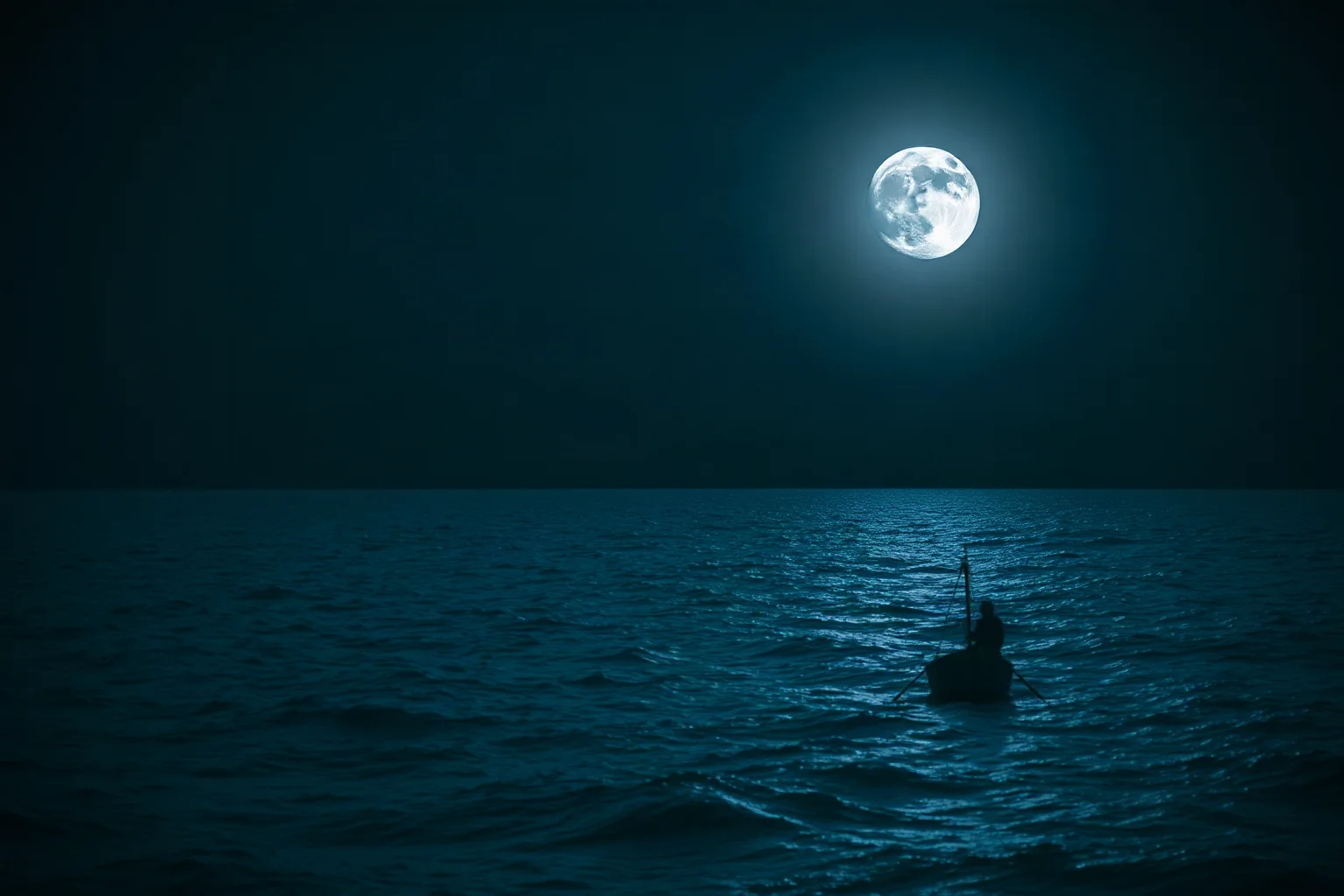 A small wooden whaleboat adrift on a vast dark ocean under a full moon