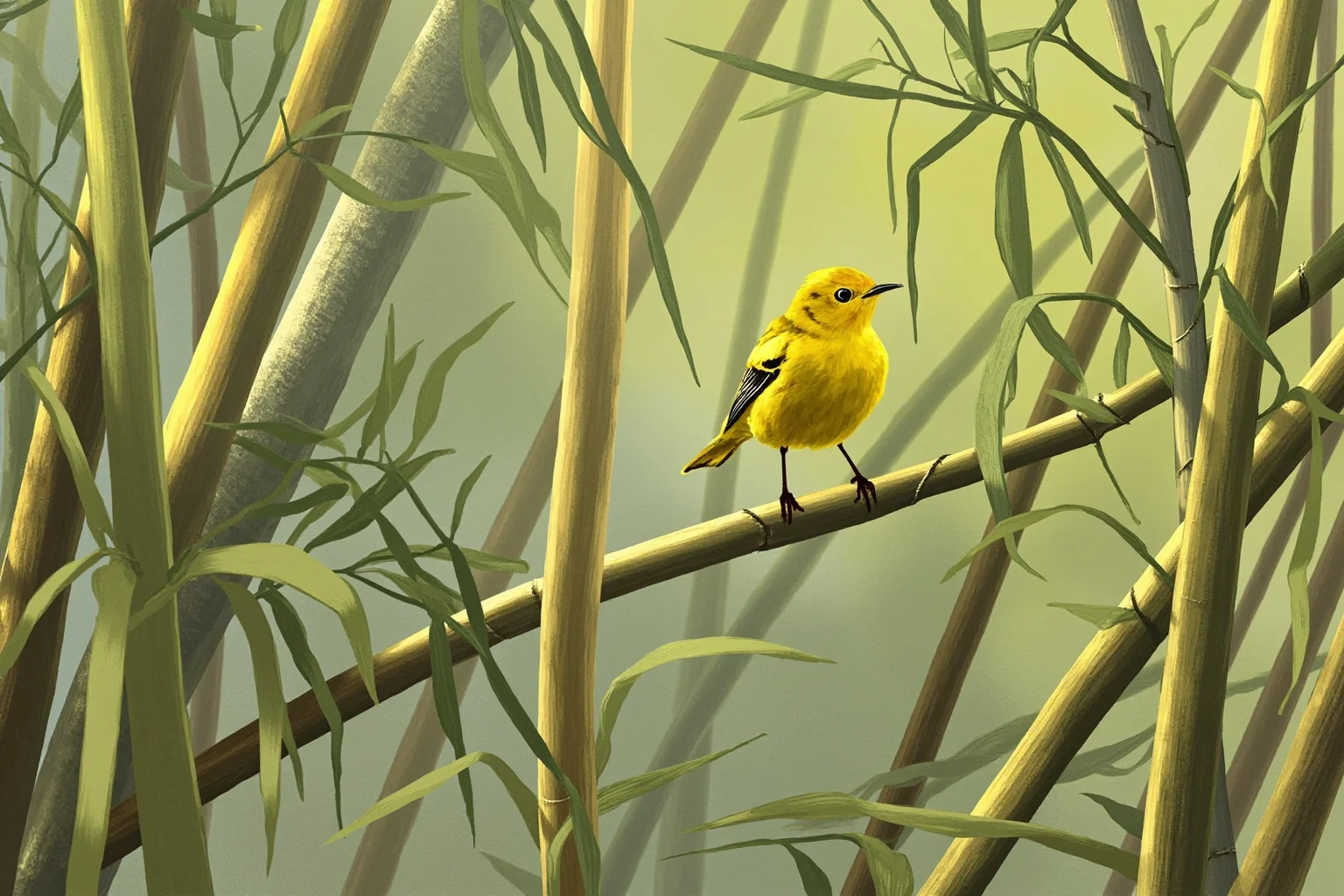 Recently Extinct Animals: A Complete List From the Last 10–20 Years 6 A small yellow warbler bird among bamboo cane thickets in a southeastern American swamp, illustrative wildlife art style