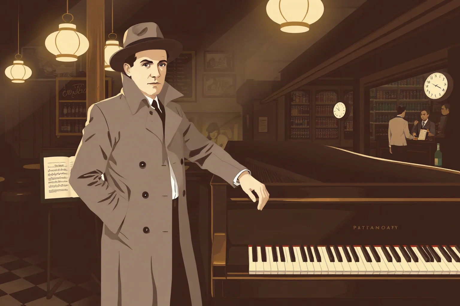 A smoky 1940s piano bar interior with a man in a trench coat and hat leaning on a piano, film-noir illustration style