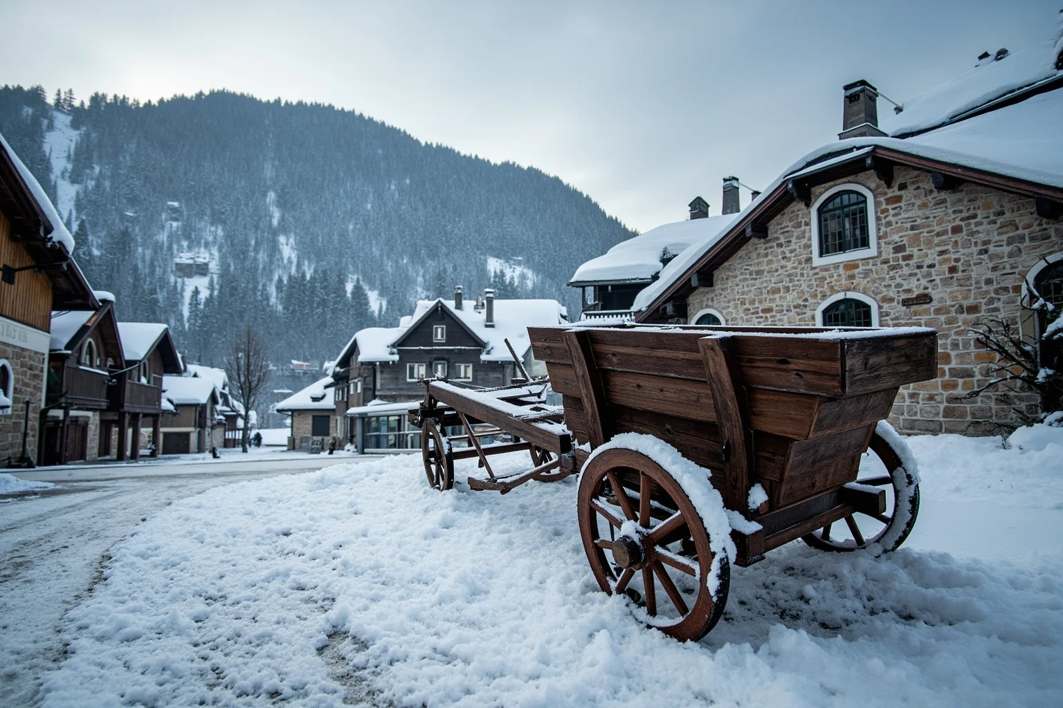 Myths That Defined Cultures: 20 Legends Born From True Events 10 A snow-capped Alpine village square with a crossbow resting against a wooden cart
