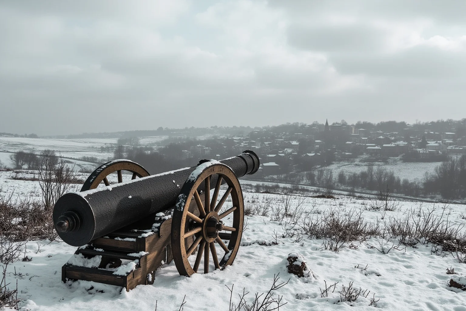 22 of the Greatest Comeback Stories in History 13 A snow-covered 18th-century battlefield with an abandoned cannon and a distant walled city under siege
