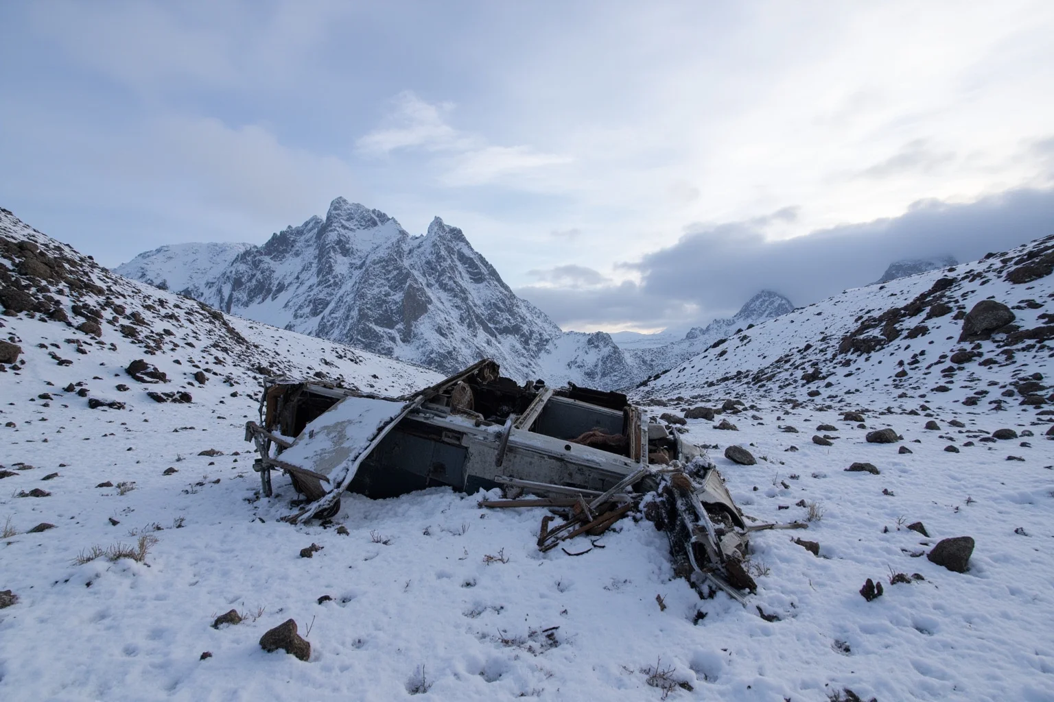 A snow-covered Andes mountain crash site with wreckage and towering peaks in the background
