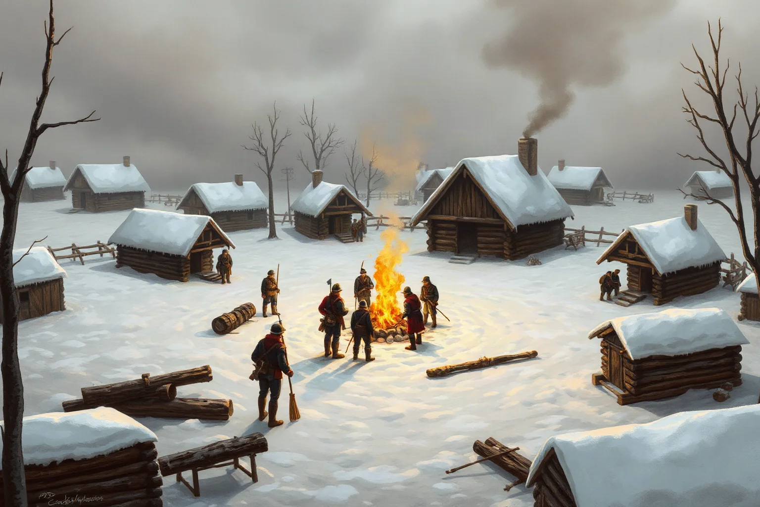 A snowy 18th-century military winter encampment with log cabins and soldiers around a fire, historical illustration
