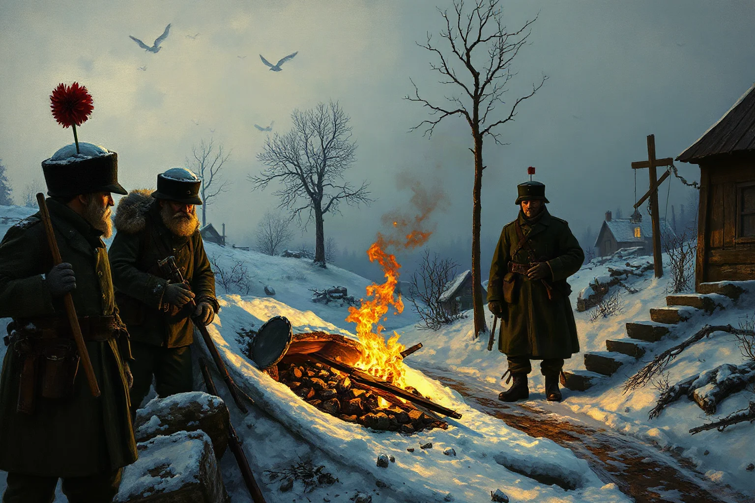 A snowy 19th-century military retreat scene evoking the typhus outbreaks during war campaigns, somber painting style