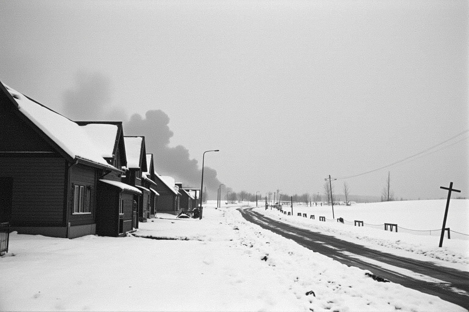 False Flag Operations That Quietly Changed World History 6 A snowy border village with artillery smoke in the distance, 1930s Northern European winter landscape